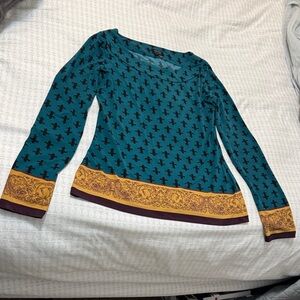 Nicole by Nicole Miller Teal and Mustard Long Sleeve Top